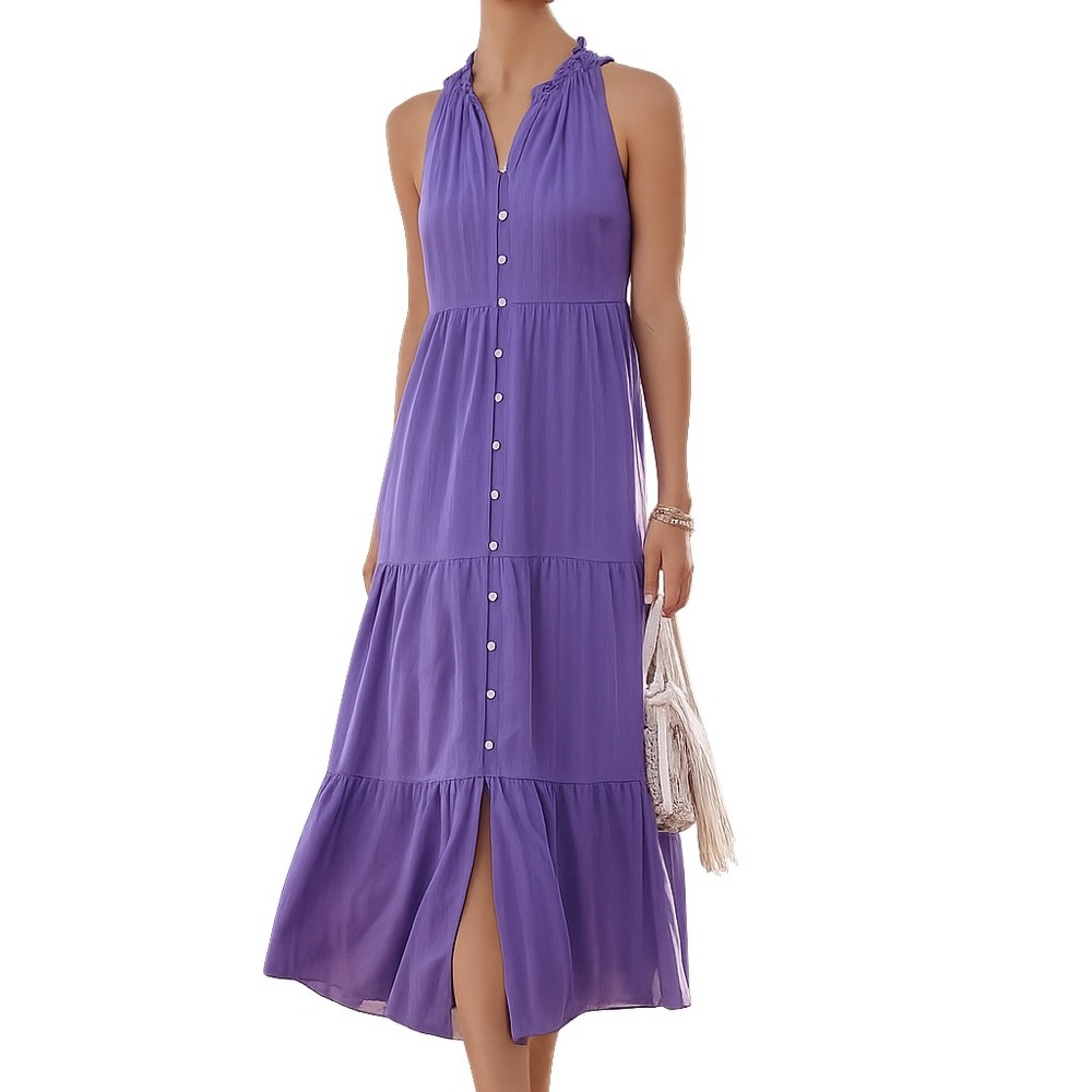 Purple Tiered Midi Dress Button Front Sleeveless Cottagecore Boho peasant dress